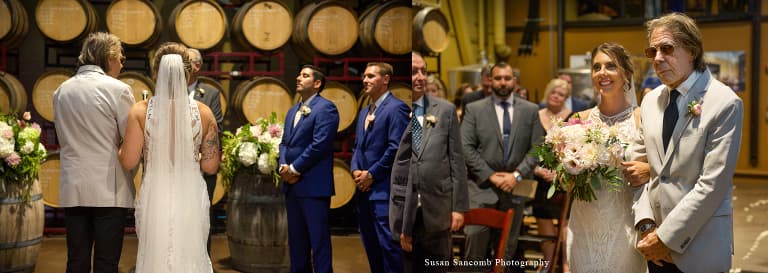 Kristin & Bernard's Wedding — Cask-room ceremony at Newport Vineyards. Photography: Susan Sancomb.